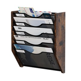 Senhoglb Mesh Hanging Wall File Organizer, 5-Tier File Holder Wall Mounted Magazine Rack with Pockets Wood Document Storage Mail Organizer for Office Home, Antique Brown