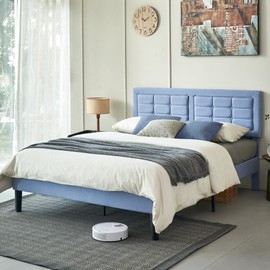 VECELO Queen Size Bed Frame with Adjustable Headboard, Upholstered Button Tufted Platform Bedframe with Wood Slats Support, No Box Spring Needed, Light Blue