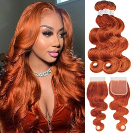 Realloves 350 Ginger Colored Body Wave Human Hair Bundles with Closure 20 22 24+20 Inch 100% Unprocessed Brazilian Hair Ginger Bundle and Closure