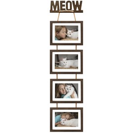 NWDCLF Cat Picture Frame – 5x7 Hanging MEOW Photo Frame with 4x6 Mat, Cat Memorial Picture Frame, Pet Gift for Cat Lovers, Solid Oak Wood Frame with Real Glass & Rustic Rope, Wall Mount Décor