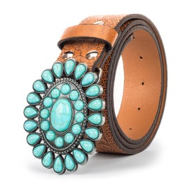 Bawnhaw Brown Western Vintage Concho-Turquoise-Belts for Women Men Embossed-PU-Leather Country Rodeo Cowgirl-Belts with Big-Buckle for Jeans Dresses Pants (29"-37")