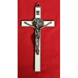 CHRISTIAN CATHOLIC ST. BENEDICT CRUCIFIX SILVER WHITE 7.5" X3.5 Inches