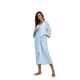 COLORFULLEAF 100% Cotton Zipper Robes for Women 3/4 Sleeve Bathrobe Lightweight with Pockets Loungewear(Light Blue,XL)