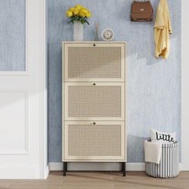 OPODEE Natural Rattan Shoe Storage Cabinet for Entryway, 24 in Wide Slim Shoe Cabinet with 3 Flip Drawers and Double Shelves, Modern Shoe Organizer Cabinet for Hallway, Mudroom, or Small Spaces