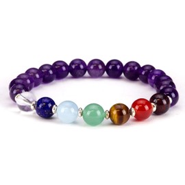 Cherry Tree Collection Chakra Stretch Bracelet | Genuine Natural 8mm Gemstones Beads, Silver Spacers | Men/Women (Amethyst - Small)