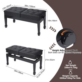 ALAPUR Longer Duet Piano Bench with Storage,Adjustable Heavy Duty Wooden Double Keyboard Piano Bench Seat with PU Leather Cushion, Black