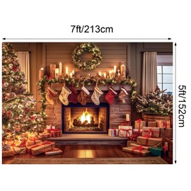 VitalCozy Christmas Fireplace Backdrop Christmas Xmas Tree Stocking Polyester Background Decoration for Photo Studio Props (10 x 8 ft)