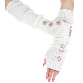 CIATBYYJ Knitting White Arm Warmers Anti-Slip, Long-Sleeve Gloves for Warmth in Winter, Fashionable Y2k Accessories with Pink Star, Fingerless Mittens with Outdoor Activities for Women Girl