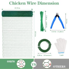 Belinreli Green Chicken Wire Netting for Floral Arrangements,Chicken Wire Mesh Fencing for Crafts Poultry Garden,Hexagonal PVC Coated Galvanized Wire with Gloves,Wire Ties and Plier (15.7 x 157 Inch)