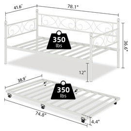 GarveeHome White Daybed with Trundle Bed, Twin Size Metal Day Bed with Floral Headboard, Modern Metal Sofe Bed Frame with Pull-Out Trundle, Heavy Duty Steel Slats Supports, for Living Room, Guest Room
