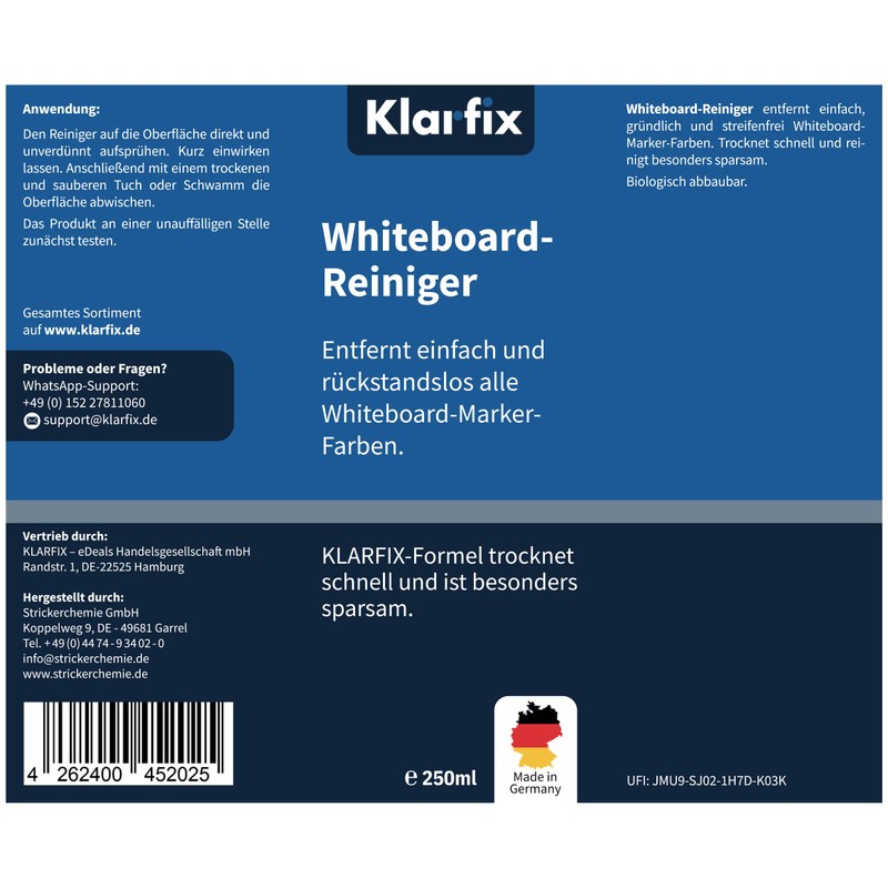 Klarfix Whiteboard-Reiniger für Flipcharts, Magnettafeln, Planungstafeln & Whiteboards | Entfernt