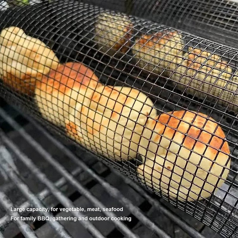 2PCS BBQ Net Tube Stainless Steel Barbecue Grill Basket Rolling