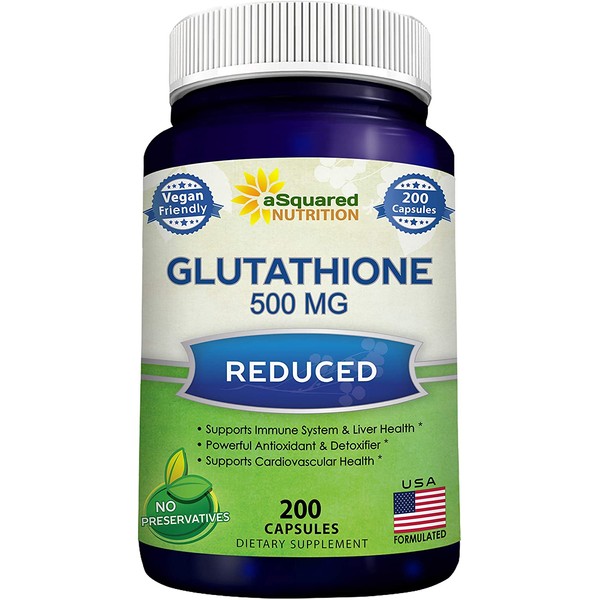 Reduced Glutathione 500mg Per Serving Supplement - 200 Capsules - L-Glutathione Antioxidant to Support Liver Health & Detox - Max Strength L Glutathione Powder Pills to Help Immune & Brain Function