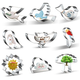 Stainless Steel Bird Cookie Cutters - 9-Piece Set: Dove, Pigeon, Owl, Sparrow, Parrot, Little Bird, Flying Woodland Animals and Sky Sun Cloud Tree Shapes - Biscuit and Fondant Molds