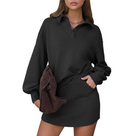 EXLURA Women Two Piece Sets 2025 Casual Polo Sweatshirt Skorts Matching Set Casual Tennis Skirt Fall Workout Tracksuit Outfit, Black, X-Large