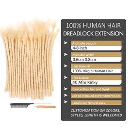 DAIXI 0.6cm & 0.8cm Thickness #613 Blonde 8 Inch 30 Strands 100% Real Human Hair Dreadlock Extensions for Man/Women Handmade Permanent loc Extension Bundles Can Be Dyed Bleached Curled Twisted
