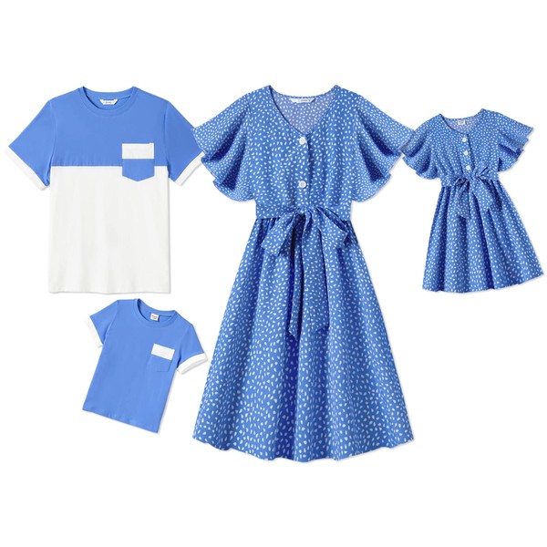 PATPAT Conjuntos familiares a juego con vestidos de mamá y mí, vestido de manga corta con estampado floral y camisetas de manga corta, Azul, 6-7 Años