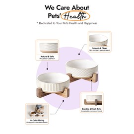 LE TAUCI PET Ceramic Dog and Cat Bowl Set with Acacia Wood Stand - 2 Cup Weighted Non-Slip Food and Water Bowls for Small Dogs & Cats, Lines + Dot