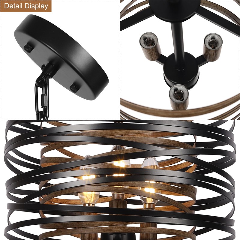 Sigaitwei 3-Light Dining Room Chandelier，12.6" Rustic Black Drum Chandeliers，Wood Grain