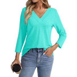 TICTICMISS V Neck T Shirts for Women 3/4 Length Sleeve Womens Tops Casual Loose Fit Tunics Tops Aqua