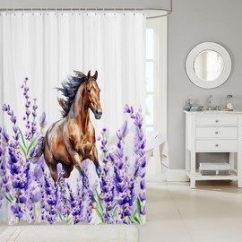 Manfei Horse Kids Shower Curtains,Lavender Flowers Dreamy Bathroom Curtains for Boys Girls Adults,Florals Animals Rustic Farmhouse Purple Romantic Waterproof Curtains,12 Hooks Suits,72" W x 72" L