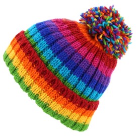LOUDelephant Hand Knitted Wool Beanie Bobble Hat - Stripe Bright Rainbow