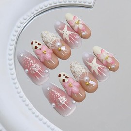 RikView Uñas postizas medianas de almendra, color rosa con diseño floral, acabado brillante, cobertura total, para mujer, 30 piezas/set.