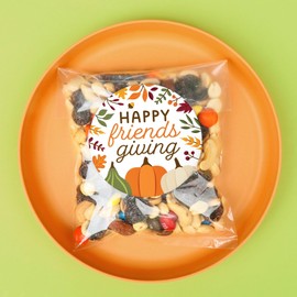 Big Dot of Happiness Fall Friends Thanksgiving Stickers and Clear Cookie Bags, Cellophane Treat Bags 4.25x7 Inches, Friendsgiving Party Favor Gifts Candy or Baked Goods - 25 Count