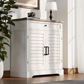 ChooChoo Farmhouse Shoe Cabinet with Doors, 4-Tier Shoe Storage Cabinet with Drawer and Shelves, Wooden Shoe Rack Organizer for Entryway, Hallway, Closet, Soft White & Brown