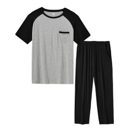 MoFiz Mens Pajama Sets Short Sleeve 2 Piece Lounge Modal Bottom Pants Sleepwear Suit Deep 2-Pockets PJ's Sleep for Men (E-sets,Large)