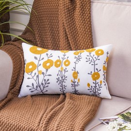 ARTMAGIC Yellow Flower Waist Pillowcase Embroidery Floral Boho Throw Cushion Cover Decorative Rectangular Farmhouse Pillow Covers for Sofa Couch Bed Living Room Bedroom Home (12x20 Inches, Yellow 01)