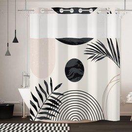 Yanutan No Hook Shower Curtain,Black Boho Leaves Double-Layered Shower Curtain with Snap-in Liner and Weights,Bohemian Mid Century Modern Fabric Bath Curtain with See Through Mesh, 71x74in