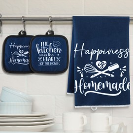 Sratte 6 Pcs Farmhouse Kitchen Towels Pot Holders Oven Mitts Set 2 Dish Towels 2 Potholders 2 Cooking Mittens Oven Glove for Baking Cooking Grilling Supply(Blue)