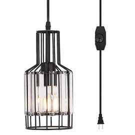 YLONG-ZS Hanging Lamp Swag Lights with Plug in Light Cord and Chain 16FT ,On/Off Dimmer Switch, Transitional Hanging Pendant Lamps with Clear Glass Lampshade for Dining Room, Bed Room，Black Finishing