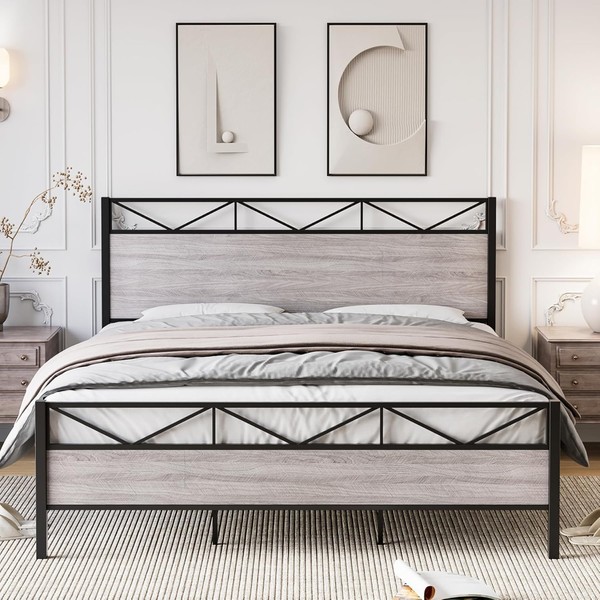 dainslef King Size Bed Frame with Headboard, Industrial Platform Bed