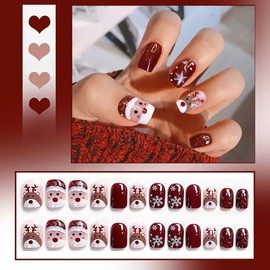 Christmas Short Square Press on Nail Snowflake Red Fake Nails Glitter Elk Snowman False Nail Glossy Acrylic Full Cover Nails Tips Christmas Gift Nail Accessories for Women and Girls 24Pcs
