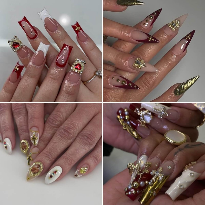 64pcs Gold Nail Charms Set with Gold Cross, Hearts, Rose,
