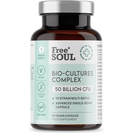 Free Soul 50 Billion CFU Pro Bio Cultures Complex with 16 Live Strains – Advanced Single Capsule Serving with Multi Strain Formula – Vegan Digestive Enzyme Supplement for Gut Health – 30 Capsules