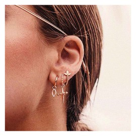 Inilbran Boho Cross Drop Earrings Gold Open Hoop Earrings Oval Drop Earrings Vintage Cross Huggie Hoop Earrings Set Jewelry for Women and Girls