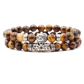 Fashion Buddha Bead Bracelets for Women, 8mm Prayer Beads with High-strength Elastic Rope, Silver Plated Yoga Meditation Rosary Beads for Men and Women's Jewellery (Brown)