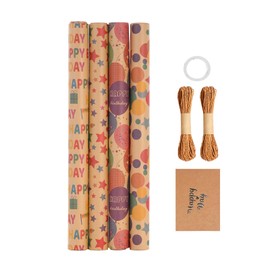 MUYEE Birthday Wrapping Paper Roll-4 Roll 43cm*3m Birthday Gift Wrap Set with String,Recyclable Kraft Present Wrapping Paper for Men Women Girl Boy