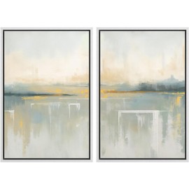 Ashbrook Framed Canvas Print Wall Art Set Green & Tan Watercolor Landscape Abstract Modern Art Decorative Calm/Relax for Living Room, Bedroom, Office - 24"x36"x2 WHITE