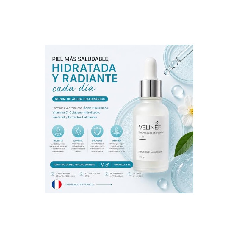 Sérum Facial con Ácido Hialurónico, Vitamina B5, Colágeno Hidrolizado y
