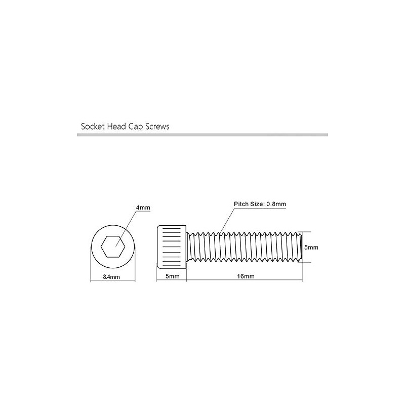 50PCS M5x16mm 0.8mm Pitch Bolts Socket Cap Head Hex Key