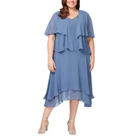 S.L. Fashions Women's Size Midi Length Beaded V-Neck Tiered Dress with Cascade Jacket, Wedgewood Plus, 18W