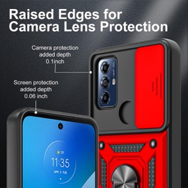AKINIK for Moto G Play 2023 Case, with Tempered Glass Screen Protector [2 Pcs] & Slide Camera Cover, 360°Rotation Ring Kickstand [Military Grade] Case. (Red)