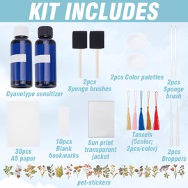 WEBEEDY Cyanotype Kit Flowers Leaves Cyanotype Paper Sun Art Papers Set Include 30 Sheets A5 Paper,2 Component Sensitizer Set,Tools and Instruction High Sensitive Cyanotype Papers for Adults DIY Craft