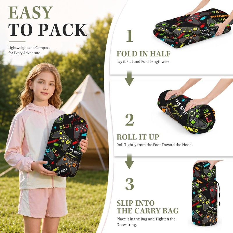 WeCozy Black Gaming Sleeping Bag for Kids, 3 Season Lightweight