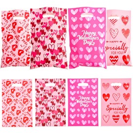 30 Pcs Valentine's Day Gift Bags with Handles,Plastic Treat Bags with Heart Designs Ideal for Valentine's Day Party Favors, Classroom Gift Exchanges & Candy Goodies