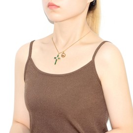 Oneress Women's Green Zirconia Cross Necklace - Delicate Double Cross Jewelry - Ideal for Christian Events, Birthdays, and Special Occasions - Best Friends & Sisters - YA4784